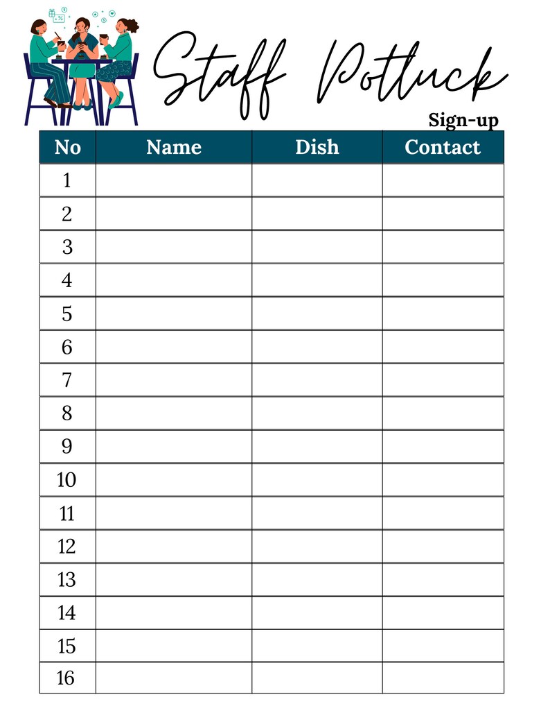 Potluck Sign up Sheet | Staff Potluck Sign up Sheet | Work Potluck ...