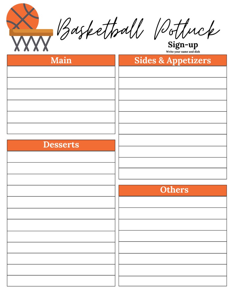 Basketball Potluck Sign up Sheet Basketball Potluck Sheet Sports Basketball Potluck Sign up Sheet Basketball Potluck Sheet Sports
