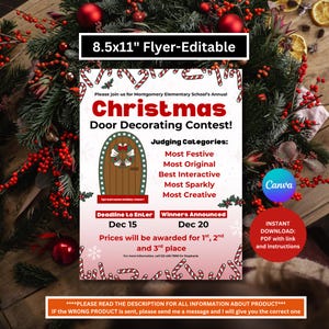 May include: A Christmas Door Decorating Contest flyer, 21.59cm x 27.94cm, with a brown door graphic and candy cane borders. Includes contest details, judging categories, and deadlines. Instant PDF download available.