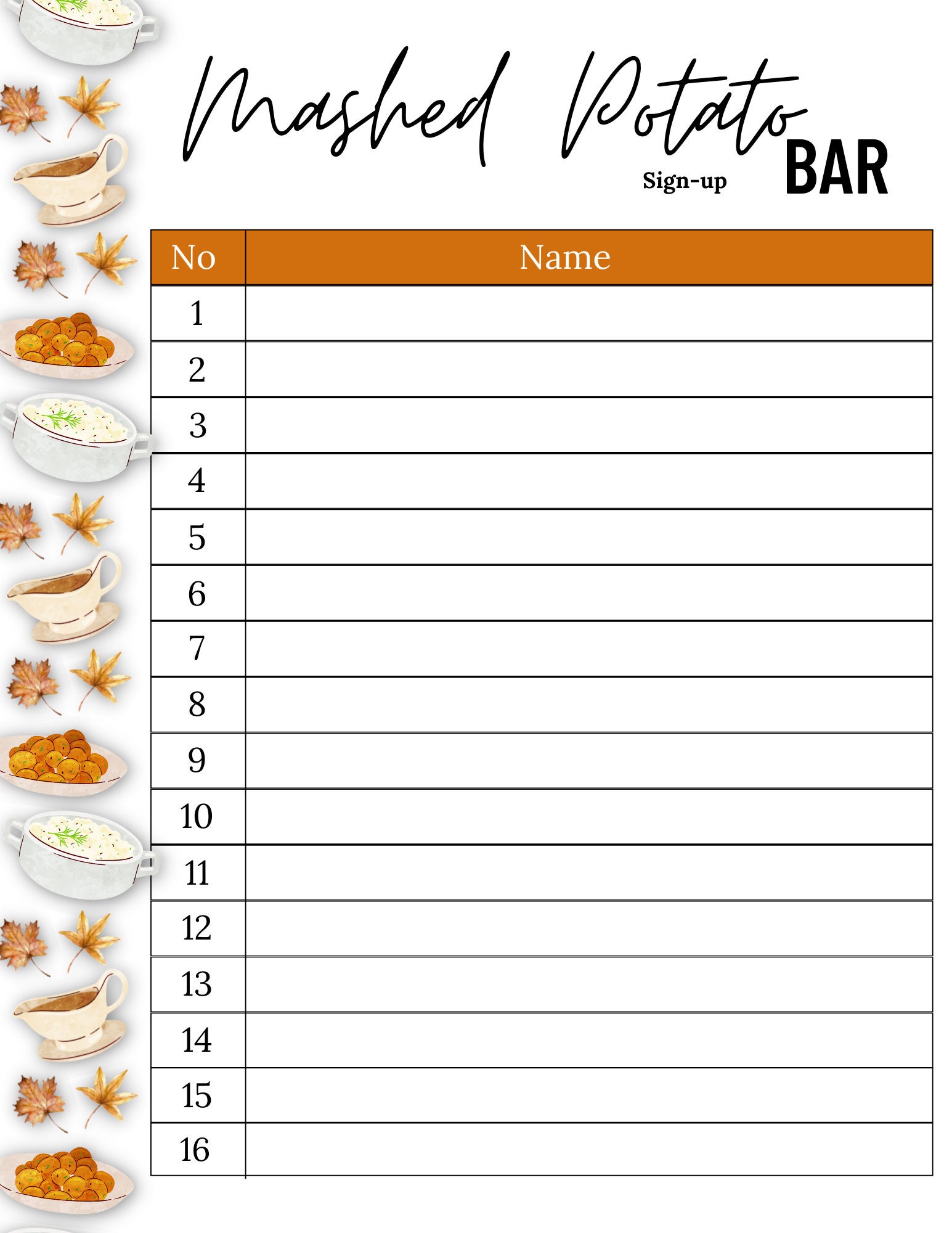 Thanksgiving Sign up Sheet Thanksgiving Mashed Potato Bar Fall Sign up Thanksgiving Sign up Sheet Thanksgiving Mashed Potato Bar Fall Sign up