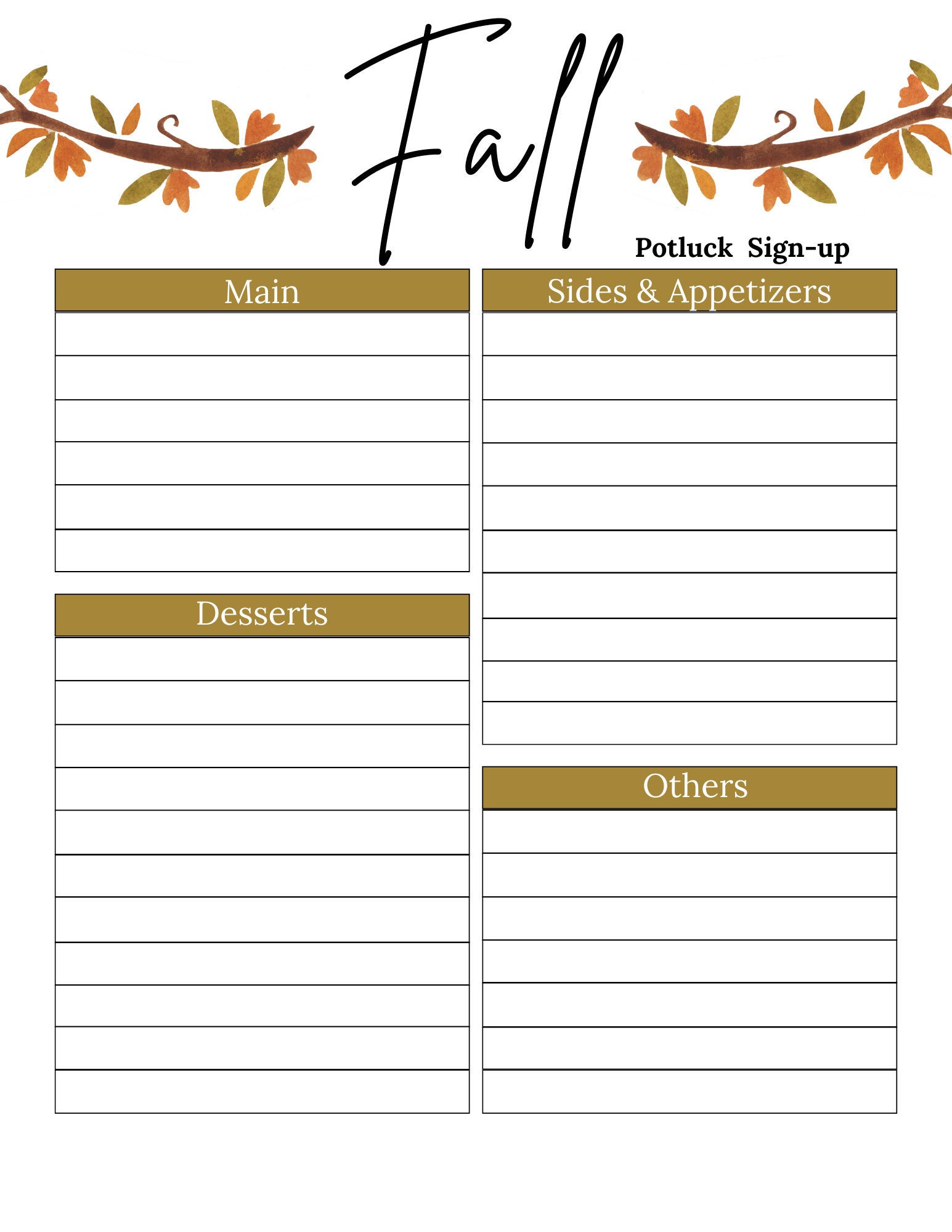 Potluck Sign up Sheet Fall Potluck Sign up Sheet - Etsy