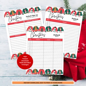 May include: Three printable Christmas potluck sign-up sheets with a festive design of red and green sweaters with various holiday characters. The text on the sheets reads "Christmas Potluck Sign-up".