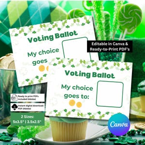 Op de afbeelding: Twee witte stembiljetkaarten met groene klaverranden en de tekst "Voting Ballot" en "My choice goes to:". De kaarten zijn 12,7x8,9 cm en 8,9x6,4 cm en zijn bewerkbaar in Canva en klaar om af te drukken als PDF.