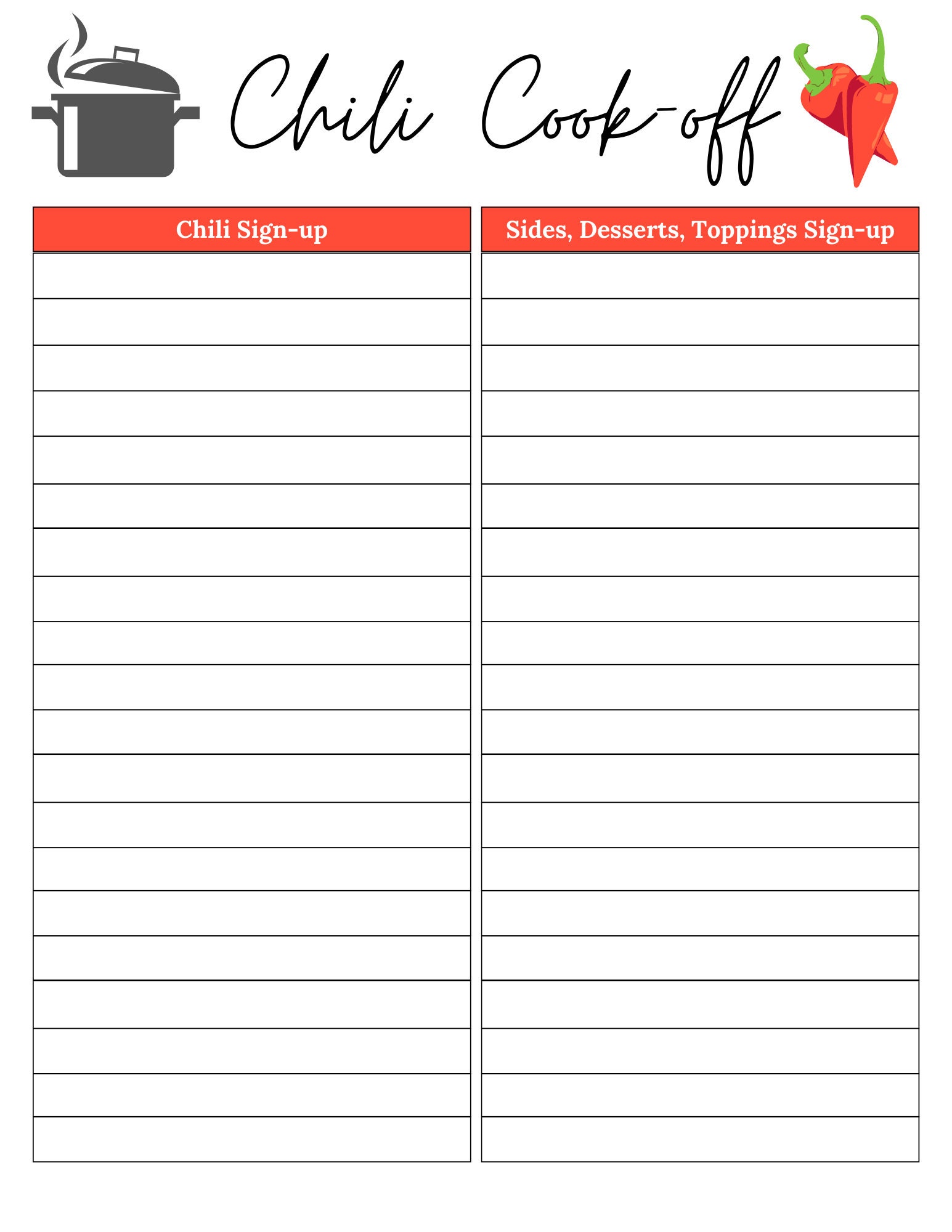 Chili Cook off Sign Up Sheet Chili Cook Off Sheet Chili Etsy