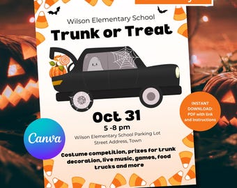 Trunk or Treat Flyer Poster, School or Church Trunk or Treat Party Poster, Editable Trunk Treat Template, Halloween Flyer Event, Halloween