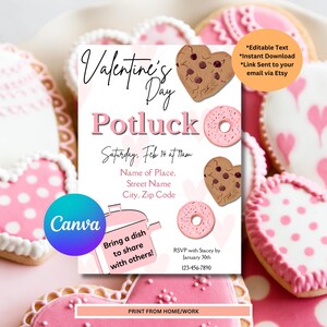 May include: Printable Valentine's Day potluck invitation with a pink and white color scheme. The invitation features a heart-shaped cookie, a donut, and a pot with a spoon. The text on the invitation reads "Valentine's Day Potluck" and "Saturday, Feb 14 at 7am".