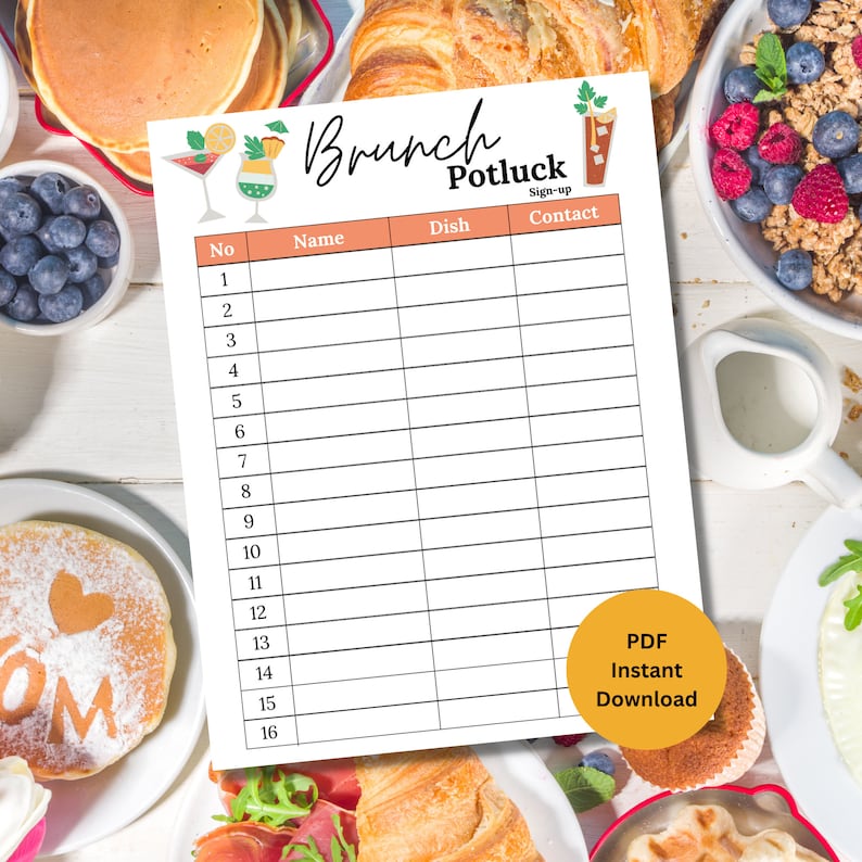 Potluck Sign up Sheet | Brunch Potluck Sign up Sheet | Brunch Potluck ...