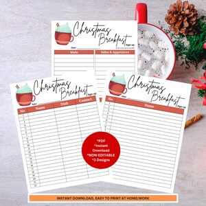 Puede incluir: Hoja de inscripción para el desayuno de Navidad imprimible con una ilustración festiva de una taza de chocolate caliente con crema batida y un palo de canela. La hoja incluye columnas para el número, la fecha, el nombre, el plato y la información de contacto. El texto "Christmas Breakfast" está en la parte superior de la hoja.
