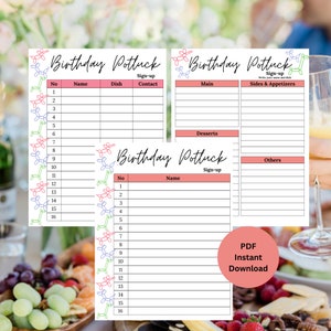 Potluck Sign Up Sheet | Birthday Potluck Sign Up Sheet | Birthday Potluck Sheet | Potluck Sign up | Printable Potluck Sign Up | Birthday