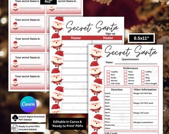 May include: A collection of Secret Santa printables, including sign-up sheets, questionnaires, and gift tags. The designs feature a Santa Claus illustration and are available in PDF format. The sheets are sized at 8.5x11 inches and 4x2 inches.