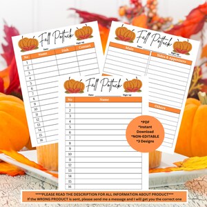 May include: Three printable sign-up sheets for a Fall Potluck. Each sheet has a title, date, and sign-up column. The first sheet is for main dishes, the second for sides and appetizers, and the third for other items. The sheets are decorated with autumn-themed pumpkins and leaves.