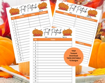 Herbst Potluck melden sich an Blatt | Freunde geben Potluck | Erntedank Potluck Blatt | Arbeitsplatz Potluck Melde Dich | Ausdruckbare Schule Potluck