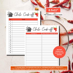 Chili Kochen-off Melden Sie sich Bogen | Chili Kochen Bogen Blech | Chili-Kochtopf | Potluck melden Sie sich an Sheet | Druckbares Chili Koch Off Sign Up Sheet