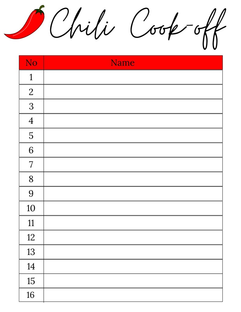 Chili Cookoff Sign up Sheet Chili Cook off Sheet Chili Cookoff Potluck Chili Cookoff Sign up Sheet Chili Cook off Sheet Chili Cookoff Potluck