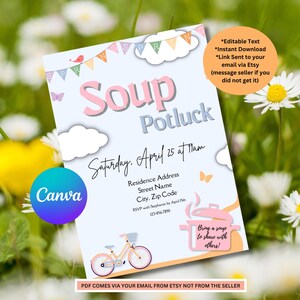 May include: A printable invitation for a soup potluck. The invitation features a light blue background with pastel pink and blue clouds, a bicycle, and a pot of soup. The text on the invitation reads "Soup Potluck" and "Saturday, April 25 at 11am".