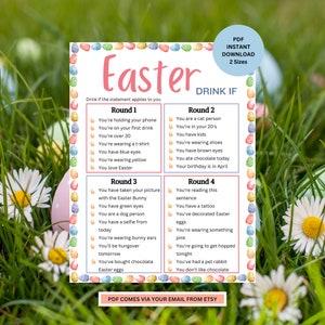 May include: Printable Easter drinking game with four rounds of prompts. Each round has a list of statements, such as "You're wearing yellow" or "You've decorated Easter eggs". Players drink if the statement applies to them.