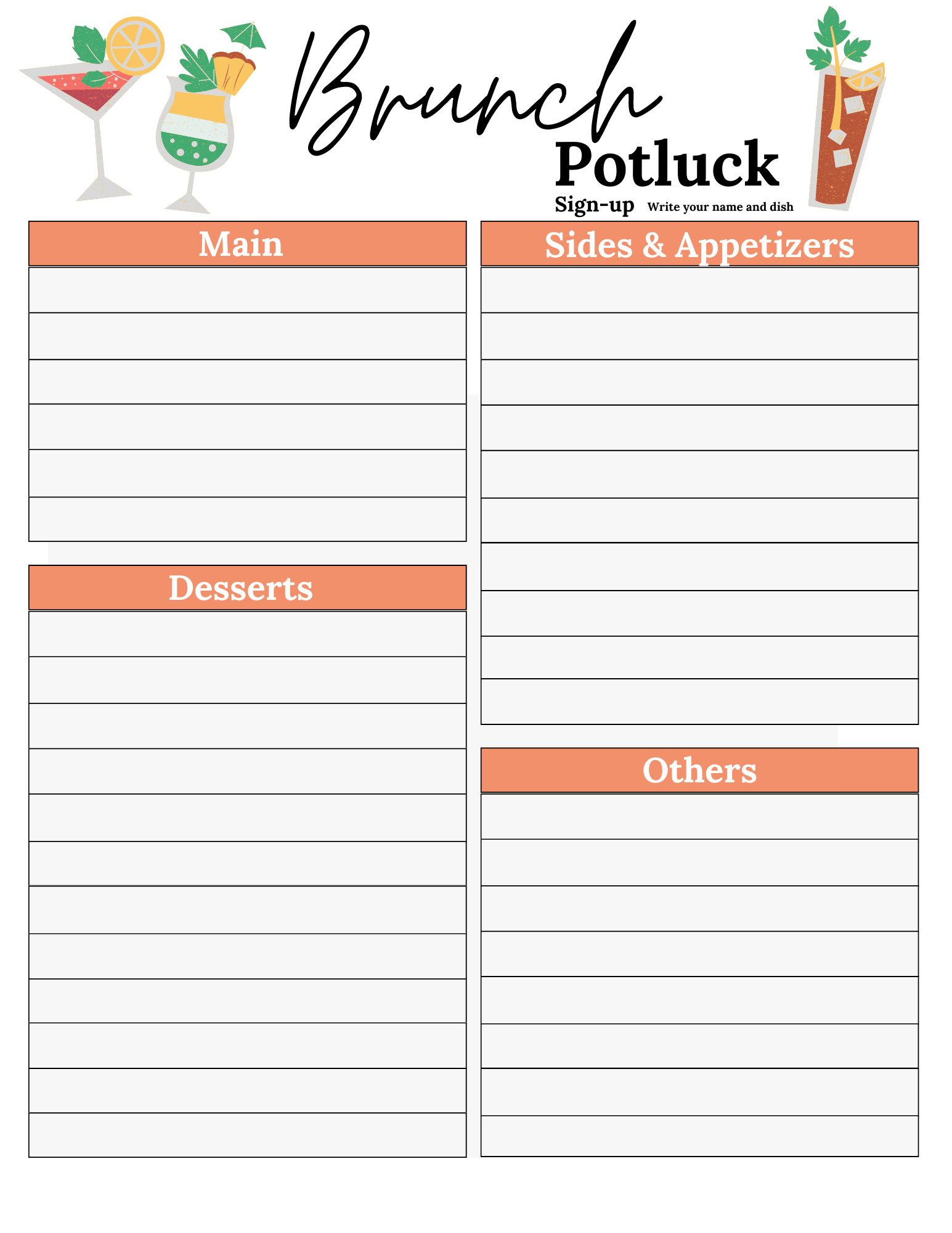 Potluck Sign up Sheet | Brunch Potluck Sign up Sheet | Brunch Potluck ...