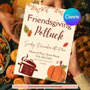 Peut inclure: Une invitation à un potluck de Friendsgiving sur le thème de l'automne. L'invitation représente une citrouille, des feuilles et une casserole avec le texte "Apportez un plat à partager avec les autres !" Le texte indique "Friendsgiving Potluck, dimanche 20 novembre à 19h, Nom du lieu, Nom de la rue, Ville, Code postal, RSVP avec Stéphanie avant le 15 novembre, 123-456-7890".