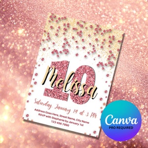 Einladungskarte zum 10. Geburtstag | Pink und Gold Glitter Geburtstagskarte | 10. Geburtstag Sparkle Einladungskarte | 10 Jahre Geburtstagskarte Evite