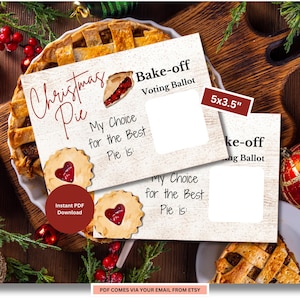 Puede incluir: Boletines de votación imprimibles para un concurso de tartas de Navidad con un diseño festivo. El boletín mide 5x3.5 pulgadas e incluye el texto "Mi elección para la mejor tarta es:"
