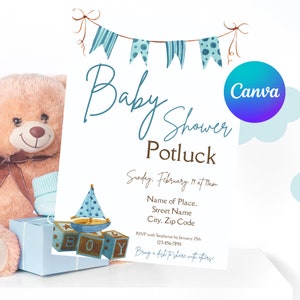 Baby Shower Potluck Einladung Vorlage | Baby Boy Shower Potluck einladen | Babyparty Potluck Einladung | Potluck Evite | Potluck Einladen