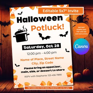 Halloween Potluck Einladen Vorlage 5x7 | Bearbeitbares Halloween Potluck Evite | Werk Potluck Event | Halloween Potluck Essen | Gemeinschaftspottluck