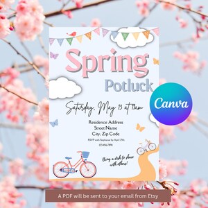May include: A blue and pink invitation for a Spring Potluck on Saturday, May 13th. The invitation features a whimsical design with butterflies, flowers, and bicycles. The text reads "Spring Potluck" and includes the date, time, and RSVP information.