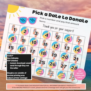 May include: A printable donation calendar with a beach theme. The calendar features numbered circles, beach balls, and flip-flops. Text includes "Pick a Date to Donate" and "Thank you for your support!" The PDF is 11x8.5 inches.