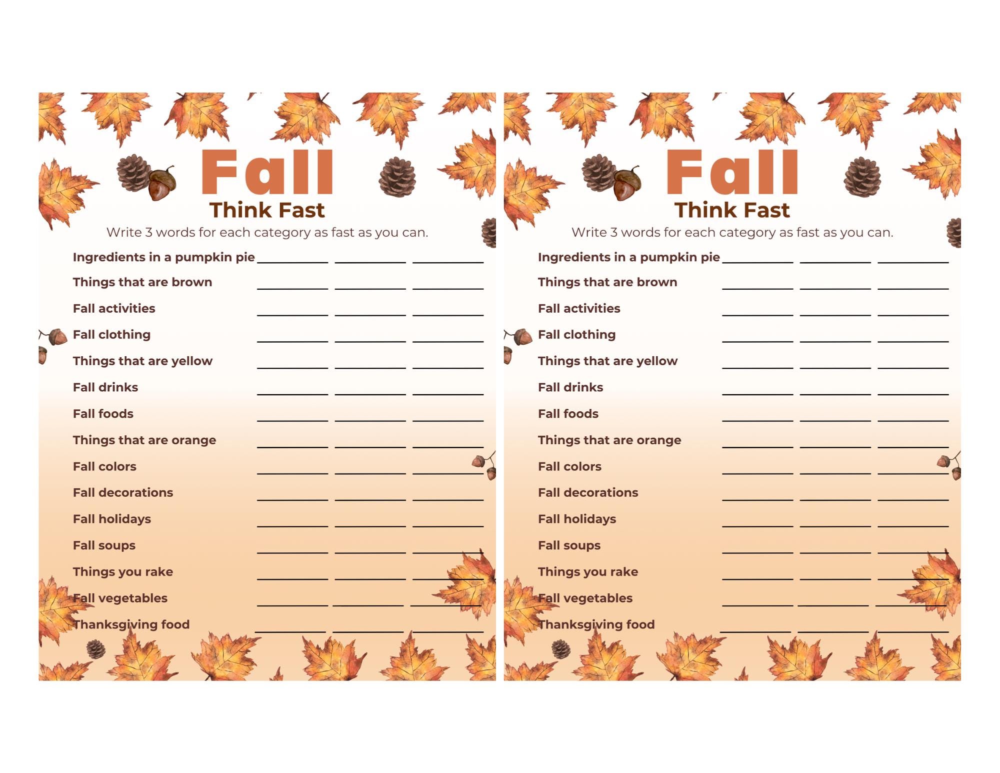 Fall Think Fast Game | Printable Fall Party Game | Autumn Game | Fall ...