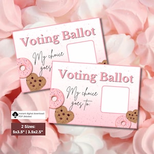 May include: Two pink voting ballot cards with the text "Voting Ballot" and "My choice goes to". Each card has a donut and heart-shaped cookie illustration. The cards are 5x3.5 inches and 3.5x2.5 inches.