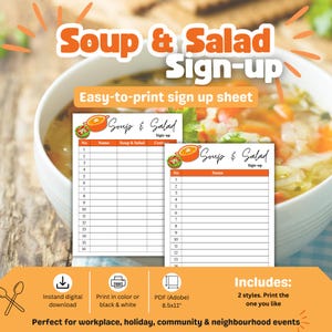 Könnte beinhalten: Ein druckbares Anmeldeformular für eine Suppen- und Salatveranstaltung. Das Dokument enthält eine Überschrift mit dem Text Soup & Salad Sign-up, eine nummerierte Liste von 1 bis 16 sowie Spalten für Namen und Kontaktdaten. Es zeigt Suppenschalen.
