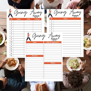 May include: A printable going away party potluck sign-up sheet with a cartoon person walking away. The sheet has sections for name, dish, contact, main, sides and appetizers, desserts, and others.
