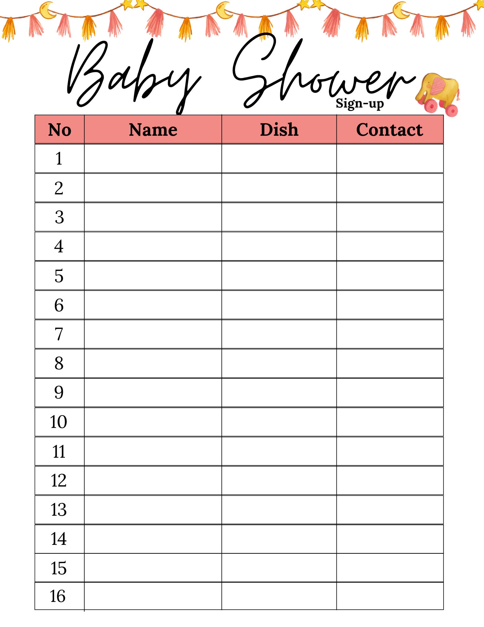 Potluck Sign up Sheet baby Shower Potluck Sign up Sheet Girl Baby