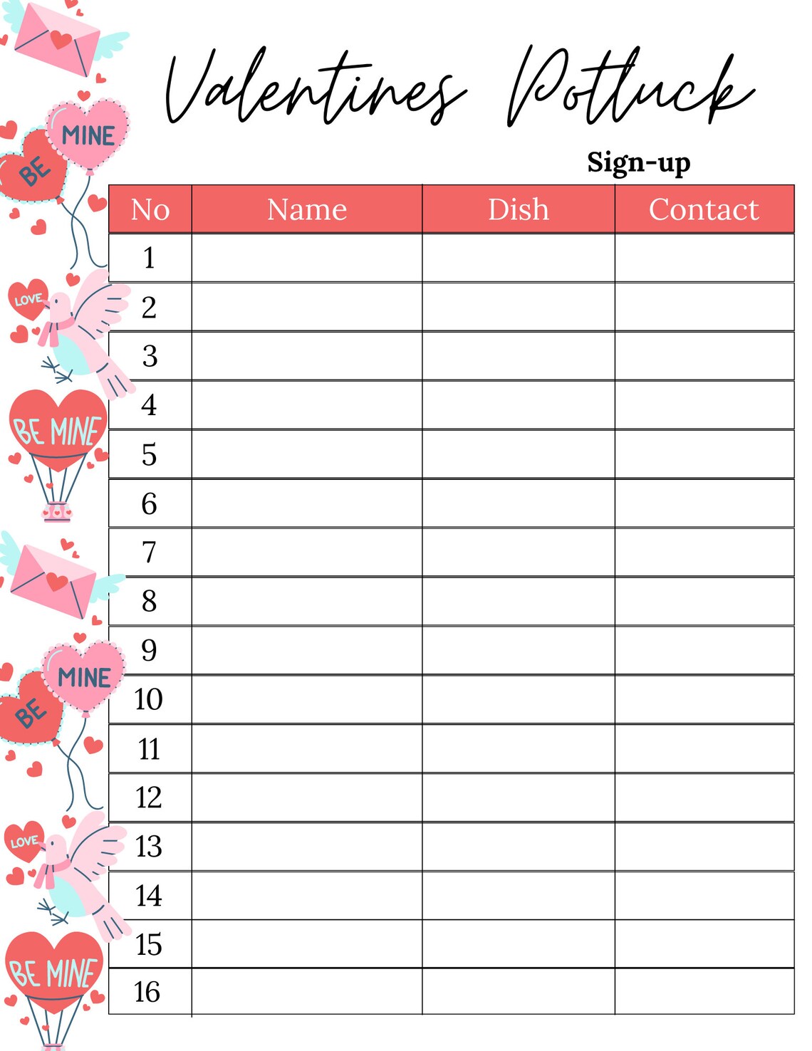 Potluck Sign up Sheet Valentines Potluck Sign up Sheet Etsy