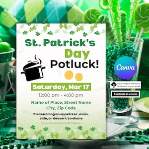 May include: A St. Patrick's Day Potluck invitation with green and white design elements. The image features a pot illustration, gold coins, and the event's date and time. The Canva logo is present.