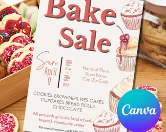May include: A bake sale flyer with a pink and red watercolor cupcake design. The flyer advertises a bake sale on Sunday, April 9th from 12 PM to 2 PM. The flyer includes the text "Bake Sale", "Sun April 9", "12 PM - 2 PM", "Name of Place, Street Name City, Zip Code", "COOKIES, BROWNIES, PIES, CAKES, CUPCAKES, BREAD, ROLLS, CHOCOLATE", "All proceeds go to the local school, hospital, community center", and "For more information, call 123-456-7899".