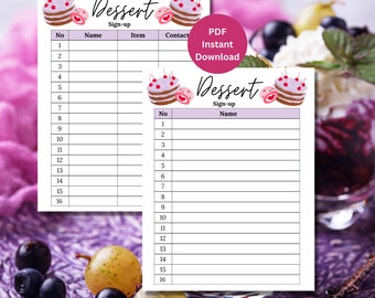 Dessert Sign Up Sheet | Dessert Sheet | Printable Dessert Sign Up Sheet | Printable Sign Up Sheet | Dessert