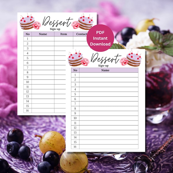 Dessert Sign Up Sheet | Dessert Sheet | Printable Dessert Sign Up Sheet | Printable Sign Up Sheet | Dessert