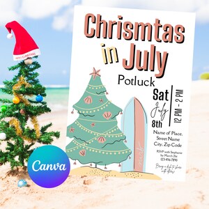 May include: A Christmas in July potluck invitation with a green Christmas tree and a surfboard on a beach background. The invitation includes the date, time, and RSVP information.