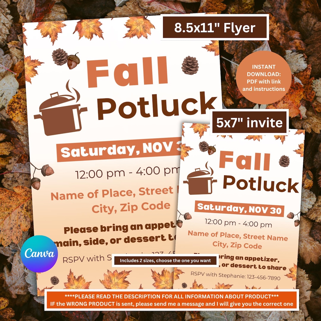 Fall Potluck Invitation Template | Potluck Canva Evite | Autumn Party ...