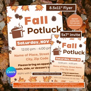 Könnte beinhalten: Ein Set aus Einladungen und Flyern für ein Herbst-Potluck. Das Design zeigt eine warme Farbpalette mit Herbstblättern, Tannenzapfen und einer Topf-Grafik. Der Flyer ist 21,59 cm x 27,94 cm groß, und die Einladung ist 12,7 cm x 17,78 cm. Text: "Fall Potluck".