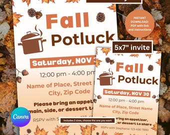 Fall Potluck Invitation Template | Potluck Canva Evite | Autumn Party Invitation | Thanksgiving Potluck | 8.5x11 & 5x7 | Work Office Potluck