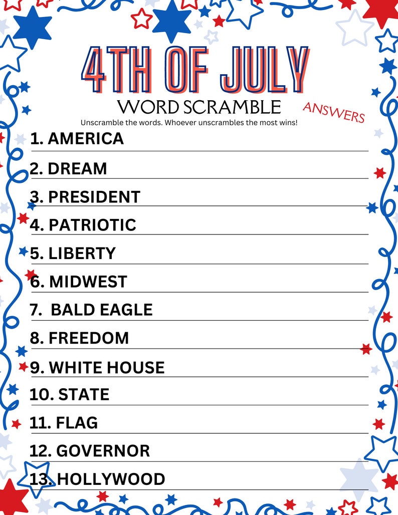 Word Scramble 4th of July Game | Independence Day Printable Games ...