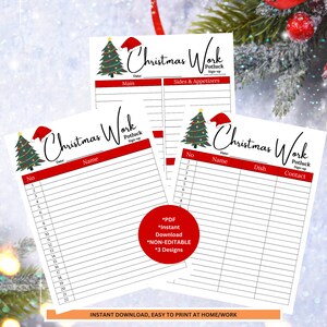 Puede incluir: Tres hojas imprimibles para la inscripción de la comida compartida de Navidad. Cada hoja presenta un borde rojo, un árbol de Navidad y un gorro de Papá Noel. Las hojas incluyen secciones para nombres, platos e información de contacto.