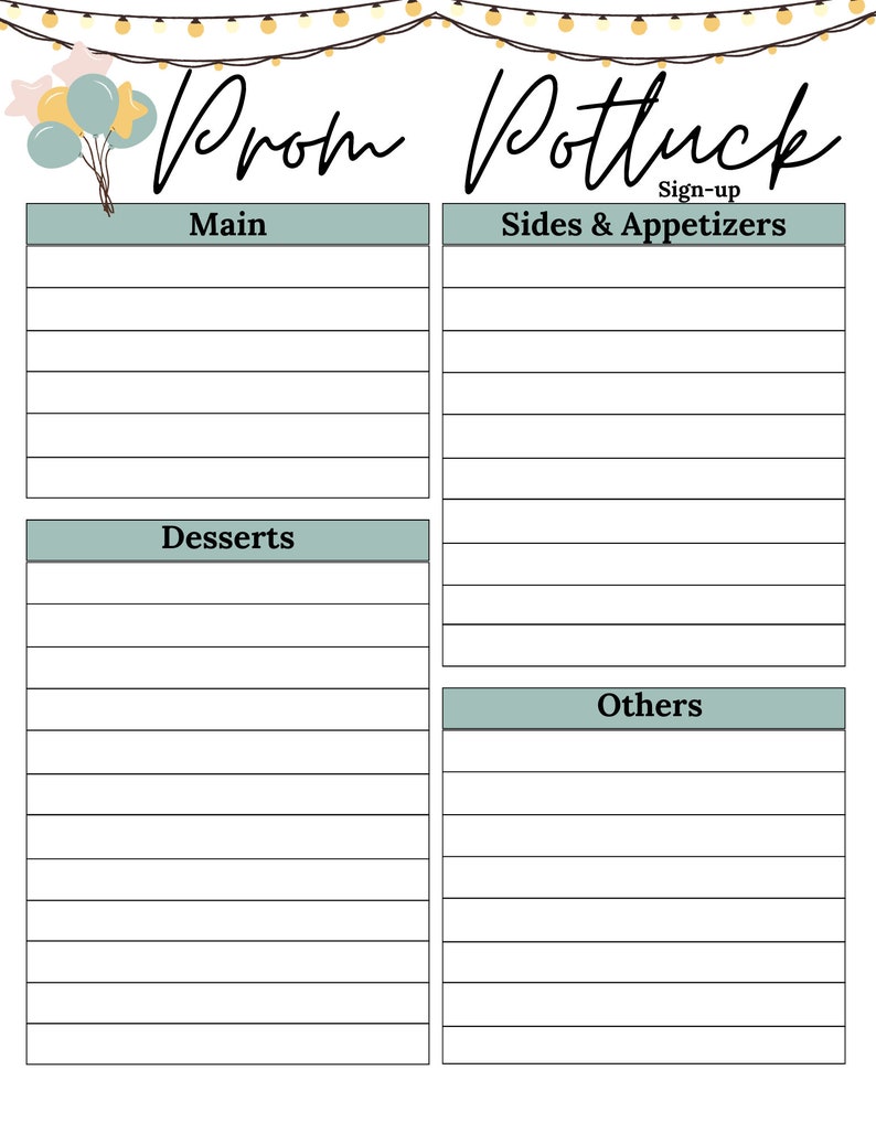 Prom Sheets Potluck Sign up Sheet | Prom Potluck Sign up Sheet | Graduation Potluck ...
