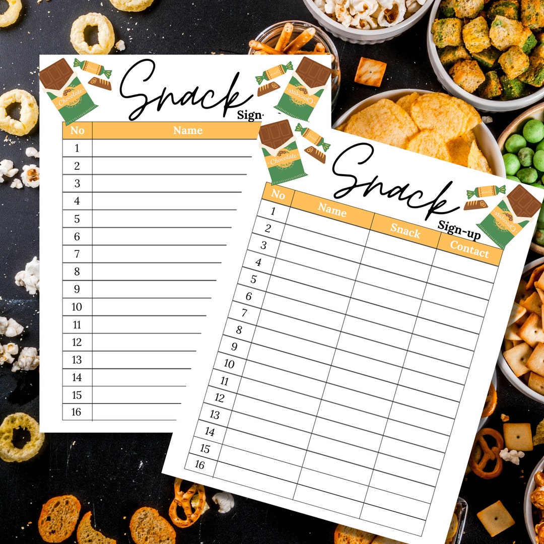 Snack Sign up Sheet Snack Party Sign up Sheet Printable Snack Sign up