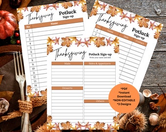 Thanksgiving Potluck Melden Sie sich an Arbeitsplatz Potluck | Erntedank Potluck | Friendgiving Potluck Druckbare Schul Potluck Meldeblatt