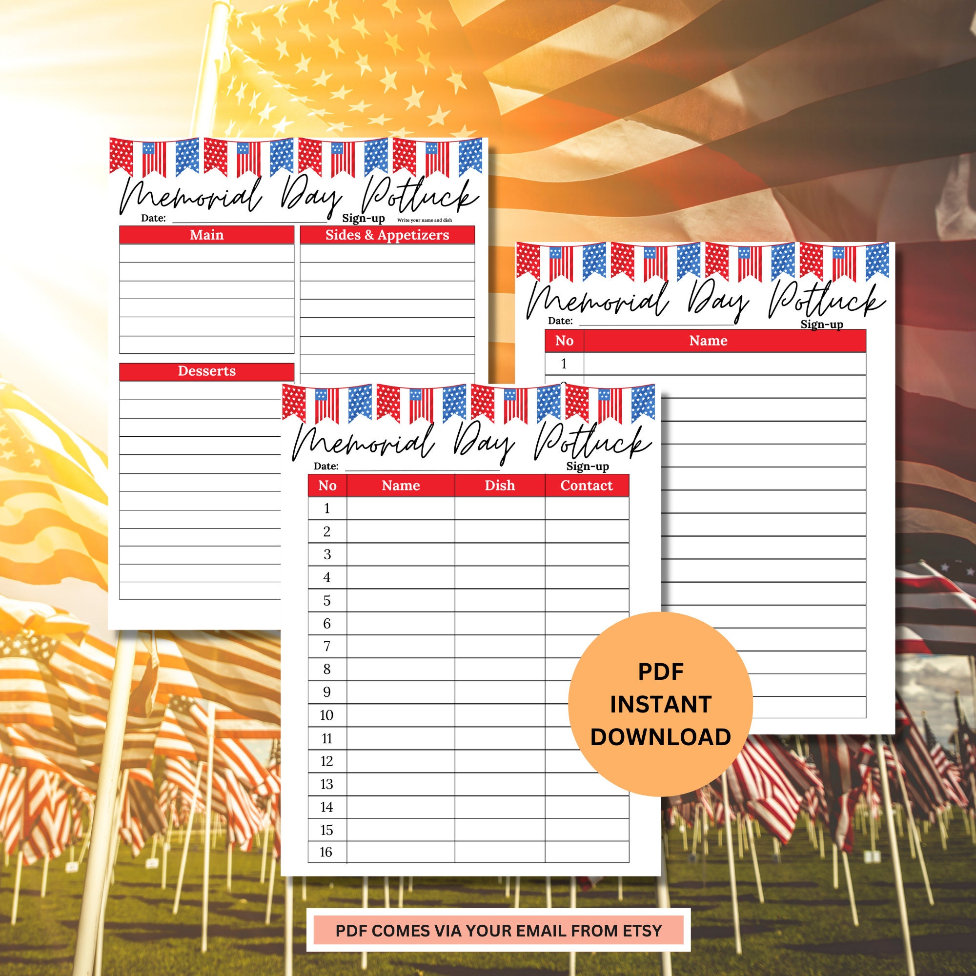 Memorial Day Potluck Sign up Sheet Holiday Potluck Sheet Potluck Sign