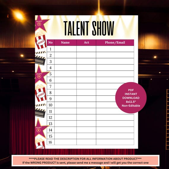 Talent Show Sign up Sheet | Talent Show Sheet | Printable Talent