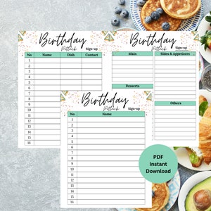 Potluck Sign Up Sheet | Birthday Potluck Sign Up Sheet | Birthday Potluck Sheet | Potluck Sign up | Printable Potluck Sign Up